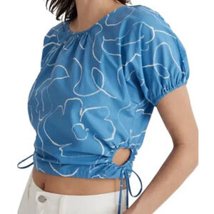 Madewell Abstract Flora Puff Sleeve Poplin Cut Out Crop Top US Women's XXS New